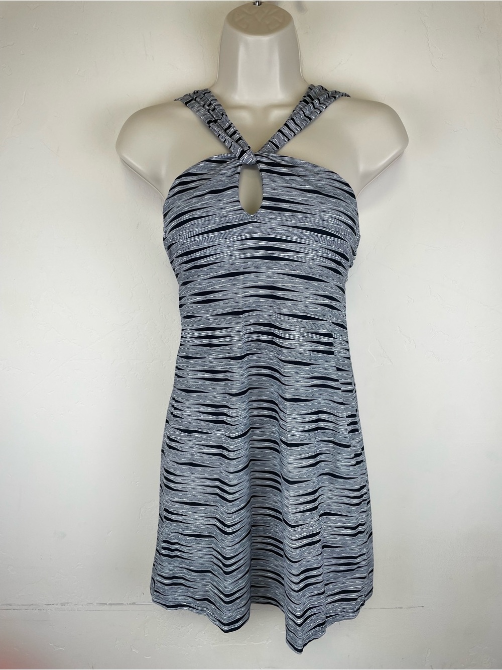 Athleta Black and Gray Striped Halter Dress